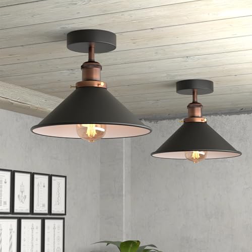 DC VOLTAGE 2 Pack Vintage Flush Mount Ceiling Lamp E27 Ceiling Light Fixture Easy Fit Rust Free Long Lasting Metal 22cm Black Inner White Cone Shade Living Room Hallway Lighting Without Bulb