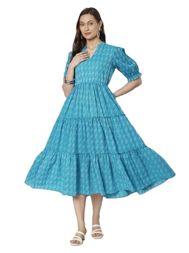 Image of Dress for Women | One Piece for Women | Long Stylish Women Dress Fit & Flare Maxi Dress, Cotton Summer Calf Length Dress