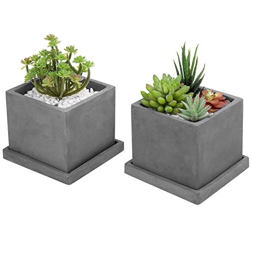 Mygift 5-Inch Gray Cement Indoor Plant Pot With Drainage, Mini Square Succulent Planter Includes Removable Tray, Set Of 2 #TOP6