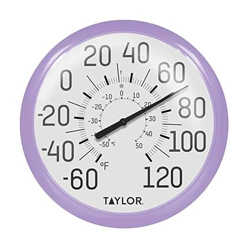 Image of Taylor Big and Bold Wall Dial Thermometer, Indoor Outdoor Thermometer, Wireless Thermometer with Easy to Read Numbers for Patio, Pool, Garage and Indoor Areas, 13.25-inch, Lilac