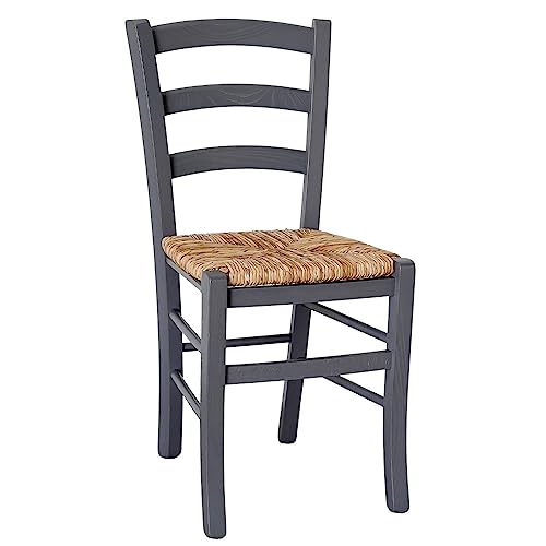 OKAFFAREFATTO MADDALONI Chaise en bois vénitien gris aniline avec assise en paille de riz