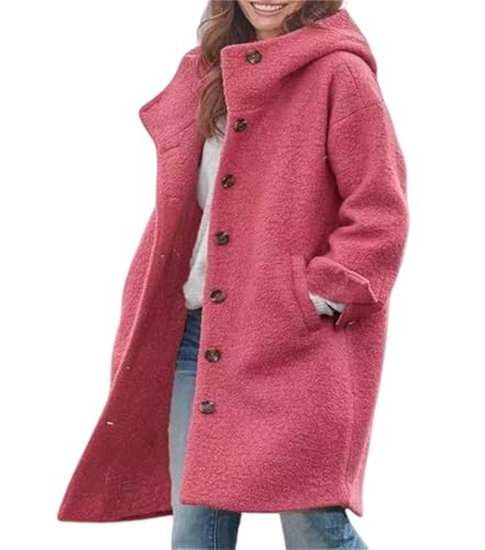 Generisch Abrigos de invierno para mujer, abrigo largo de lana, chaqueta con capucha de un solo pecho, gabardina casual de mezcla de lana, fucsia, L