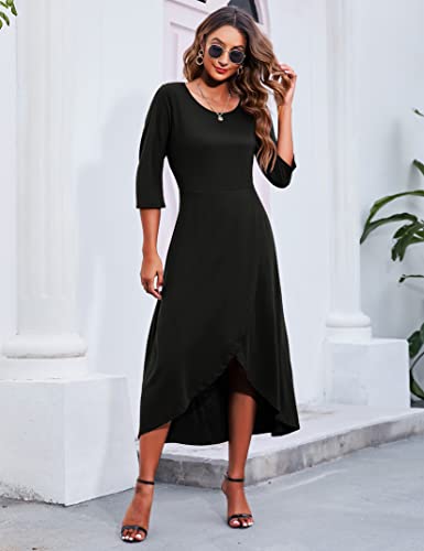 Missky Maxi Dress For Women 34 Sleeve Black Casual Dresses For Women High Low Hem Round Neck Flowy Dress, Black L #TOP1