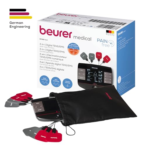 Image of Beurer EM89 Digital TENS /EMS Device with Heat Function, 4-in-1 Function for Pain Therapy, Muscle Stimulation, Massage and Heat Therapy, 4 Separately Adjustable Channels, 8 electrodes & Battery