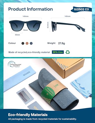 SOJOS Ocean Collection Retro Polarized Large Rectangular Sunglasses Women Men Recycled Plastic Eco-friendly Shades, Baleen4