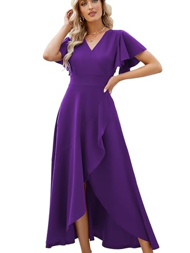 Image of Long Black Formal Dresses for Women Gowns Evening Party Cocktail Dress,Split Elegant V Neck Wrap Ruffle Wedding Guest Dresses