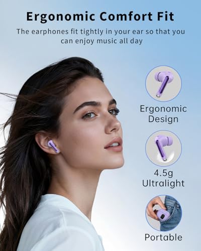 Image of Wireless Earbuds, Bluetooth 5.4 Headphones with 50H Playback, Deep Bass Stereo Ear Buds Clear Calls with LED Power Display, IPX7 Waterproof, in-Ear Earphones with Mic for Phone /Android /iPad, Purple
