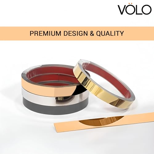 Image of VOLO Stainless Steel 5 Meter /16.4ft Mirror Finish Weather Strip - Waterproof Self-Adhesive Tape for Tile Gap, Wall, Cabinet, Kitchen & Floor - Peel & Stick Adhesive Strip (ROSE GOLD, 25MM (1 INCH))
