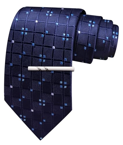 Image of Barry.Wang Plaid Ties Mens Silk Necktie and Tie Clip Checkered Tie for Wedding Party Business Formal