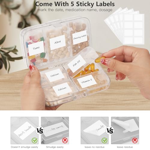 Image of FYY Weekly Pill Organizer with Labels,8 Compartments Travel Daily Pill Case Airtight Moistureproof Large Pill Box to Hold Vitamins, Fish Oil, Supplements,Cotton Swab and Bandages-Clear