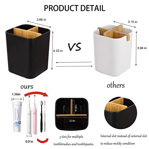 Bamboo Toothbrush Holder for Bathrooms, 3 Slots Toothbrush and Toothpaste Holder Bathroom Counter Organizer for Electric Toothbrushes, Floss, Razors - Black