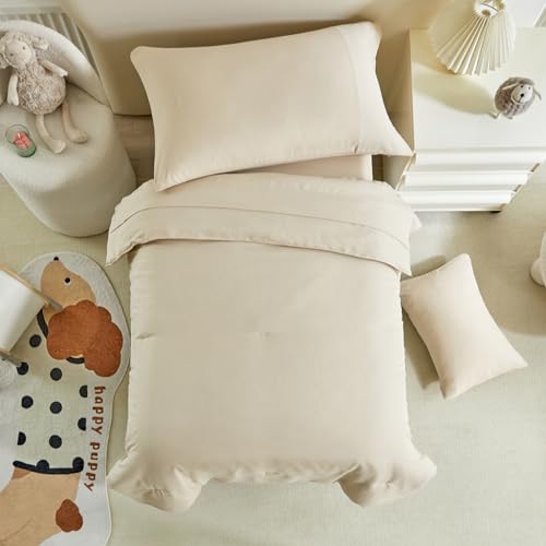 Image of Kids Comforter Sheet Set - Soft and Breathable Bed Set Includes Quilted Comforter, Fitted Sheet, Flat Top Sheet, Pillowcase and Toddler Pillowcase for Toddler - 5 Pieces Toddler Bedding Set Beige