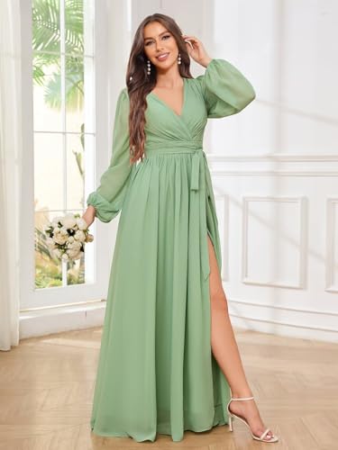 Women's Chiffon Bridesmaid Dresses v Neck Long Sleeves High Waist Evening Gown with Slit4