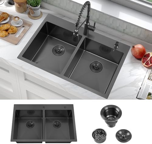 ATTOP 33 Inch Black Drop in Double Bowls Kitchen Sink,33x22 Inch ...