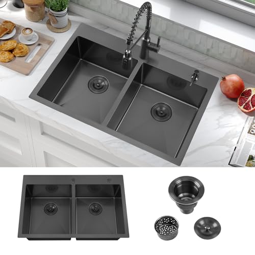ATTOP 33 Inch Black Drop in Double Bowls Kitchen...