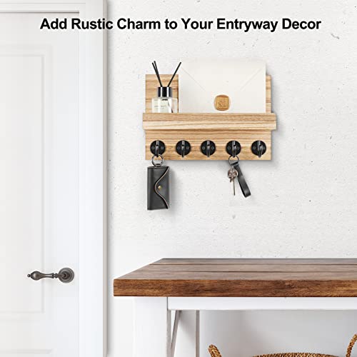 Lwenki Key Holder for Wall, Decorative Key and Mail Holder with Shelf Has Large Key Hooks for Bags, Coats – Paulownia Wood Key Hanger with Mounting Hardware (9.8”W x 6.7”H x 4.2”D) (Burnt Wood)