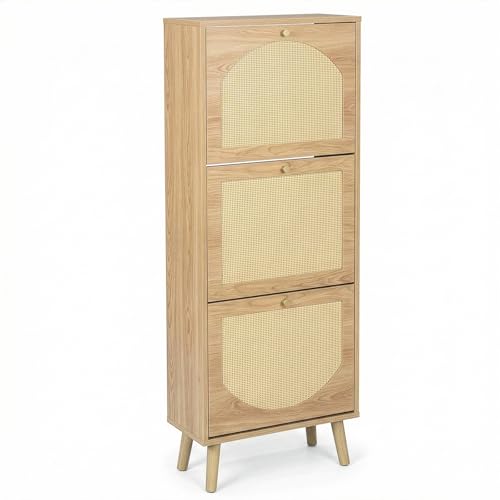 TactFire Meuble à Chaussures étroit, étagère à Chaussures 3 Portes, étagère à Chaussures réglable, Rangement à Chaussures en Bois, Panneau de tiroir...
