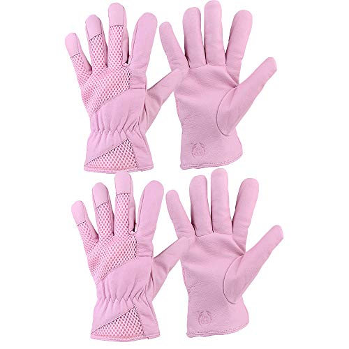 Nutteri Women Gardening Gloves 2 Pairs Pigskin Leather 3D Mesh Comfort Fit Scratch Resistance Tough Glove for Garden Yard Pruning Trimming (Pink, S)