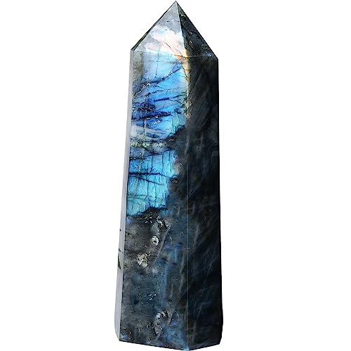 FZBHRO Large Labradorite Towers Crystal Point Obelisk 6 Faceted Healing Crystal Stone Wand for Meditation Gift 1.3-1.7 Pound