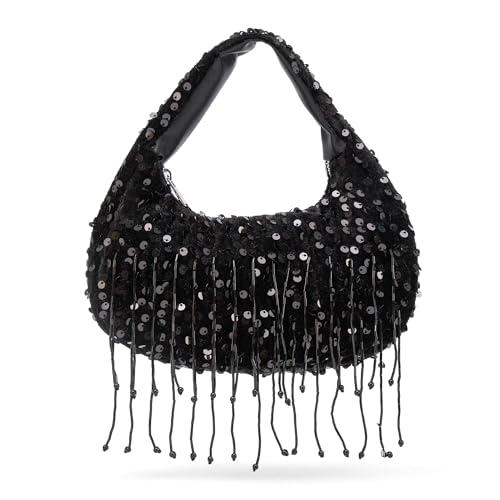 Image of NEWBELLA Women's Sequin Fringe Hobo Evening Bag - Sparkly Shoulder Purse for Cocktail Party, Date Night, Wedding & Special Occasions(Dark Black)