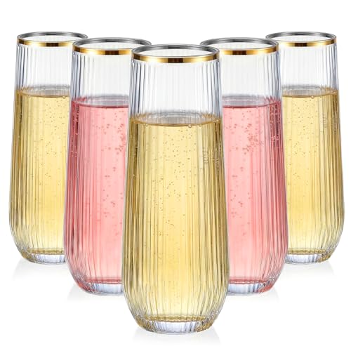 Image of GuanQiao 24 Pack 9oz Stemless Plastic Champagne Flutes with Gold Rim