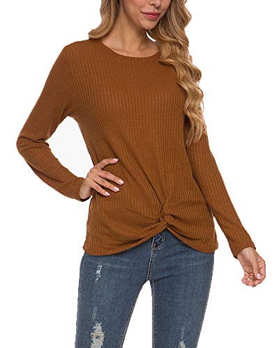 MISFAY Womens Casual Top Long Sleeve Cute Twist Knot Waffle Knit Shirts Tops (Large, Rust Yellow)