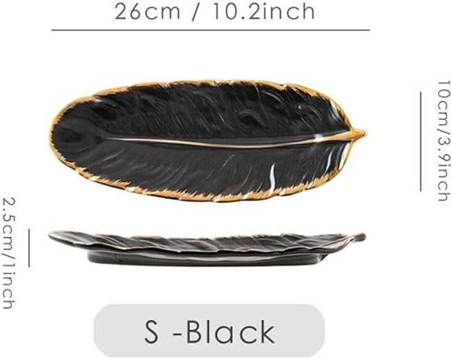 Beautiful Home Supplies Gold-Plated Ceramic Plate Fashion Feather Design Fruit Plate Tray Tableware Accessories Dessert Fruit Plate Kitchen Dinner Plate/Small-Black