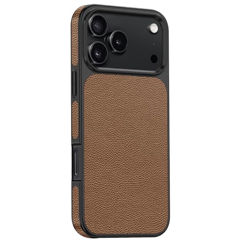 Étui en cuir véritable iPhone 17 Pro Max coque luxe texture litchi antichoc et élégante Laiton