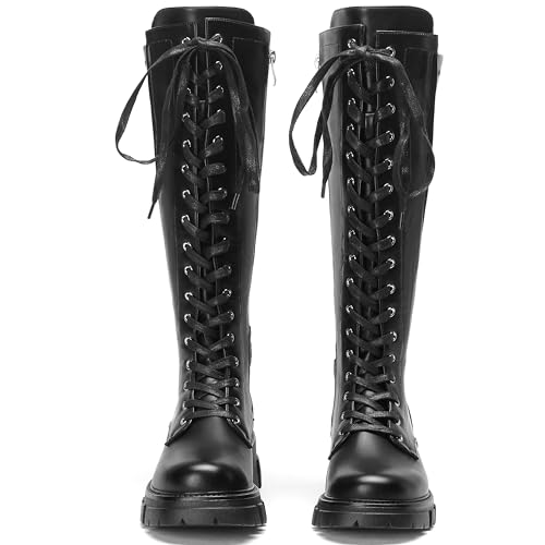 Women Platform Riding Knee High Boots Comfort Lace Up Combat Boots Chunky Heel Lug Sole Boots Side Zipper2