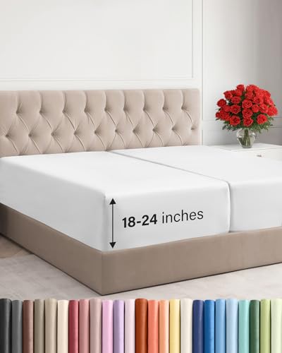 Image of Extra Deep Split King Fitted Sheet - Single Fitted Sheet Only - White | Easily Fits 18 inch to 24 inch Mattress, Soft, Wrinkle Free, Breathable & Comfy, Extra Deep Pockets Hotel Luxury Fitted Sheet