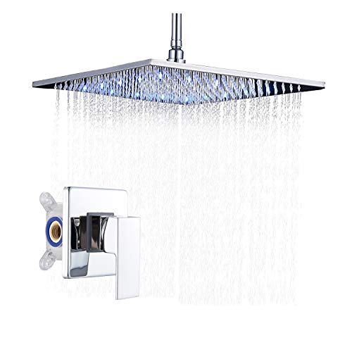 New Deal Rozin Bathroom Single Handle Mixer Valve Control + Ceiling Mounted LED Color 16-inch Rainfall Shower Head Chrome Finish
