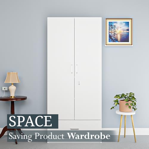 Image of VIKI Wardrobe | Wooden Almirah for 2 Door Wardrobe with 1 Drawer & Hanging Space (Frosty White - 40D x 80W x 180.8H) | 1 Year Warranty | Free Assembly
