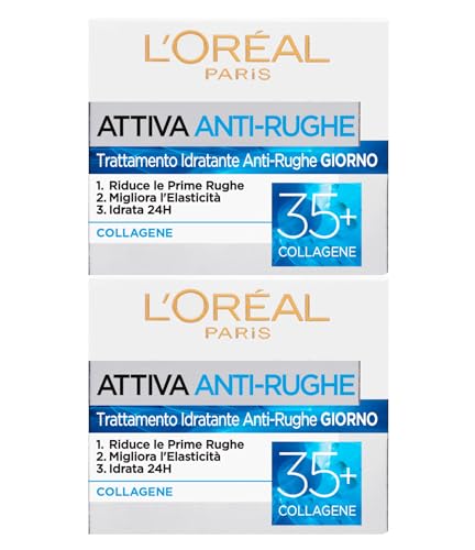 L'Oréal Paris Aktive Anti-Falten-Tagescreme Feuchtigkeitsspendende Gesichtspflege mit Kollagen gegen erste Falten 35+ elastische Wirkung straffend für die Haut - 2 Dosen à 50 ml