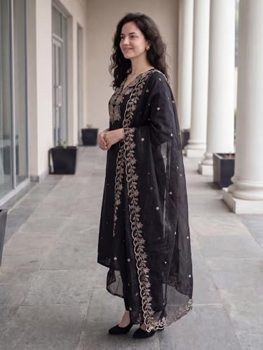 Image of INDO ERA Women's Silk Blend Floral Embroidered Thread Work Kurta & Pant with Dupatta Set (IEBBAI438)