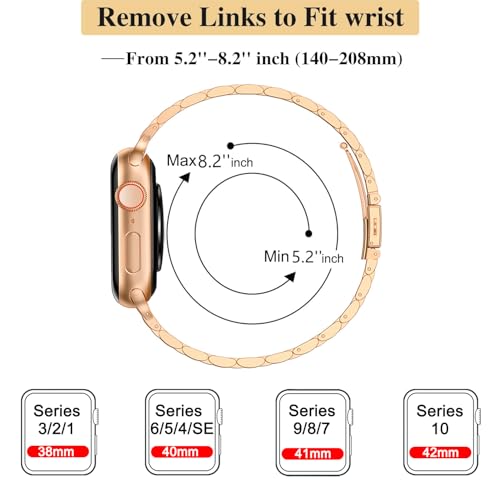 Image of MioHHR Slim Metal Band Compatible with Apple Watch Bands 42 /41 /40 /38mm | Thin Luxury Stainless Steel iWatch Bands Series 11 /10 /9 /8 /7 /6 /5 /4 /3 /2 /1 /SE3 /SE2 /SE for Women,Rose Gold