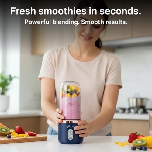 Image of pTron EaseMate Blender M1 Portable Electric Blender, Mini Personal Juicer, 6 Blades, Fruit Mixer with 2 Food Grade Jars, Type-C Fast Charging, Travel-friendly & Rechargeable Smoothie Maker (Blue)