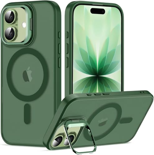 Elzzi Translucent Matte Kickstand Case for iPhone 17, Built-in Adjustable Camera Stand, Translucent Matte Magnetic Mag-Safe Shockproof Phone Cover (Green)