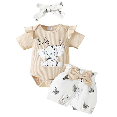 JiAmy - JiAmy Ensemble Vêtements pour Nouveau-né, Bébé Filles Été Body Barboteuse Eléphants Manches Courtes Short avec Bandeau 3 Pièces Tenues pour Enfants 6-9 Mois, Beige