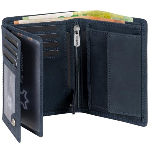 Fa.Volmer Portefeuille en cuir de buffle véritable I Grand portefeuille pour homme et femme I Protection RFID certifiée TÜV en couleur marron et noir, bleu...