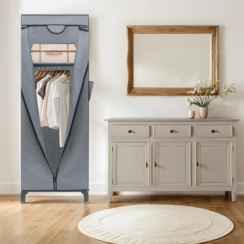 INTIRILIFE Faltschrank 68 x 45 x 175 cm in GRAU - Mit Reißverschluss Stoffschrank Kleiderschrank mit Kleiderstange, Fächern und Seitentasche - Camping Steckschrank Textil Garderobe