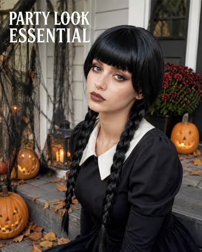 Image of Rose bud Wednesday Cosplay Wig Long Hair Heat Resistant Adjustable Fit 23 Inches Double Braided Black Wigs With Bangs for Halloween Cosplay