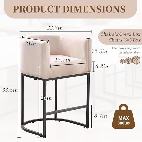 Image of 26 inch Counter Height Bar Stools Set of 2, Linen Fabric Upholstered Barrel Chairs with Back and Arms, Metal Frame Kitchen Island Stools with Footrest, Linen Fabric