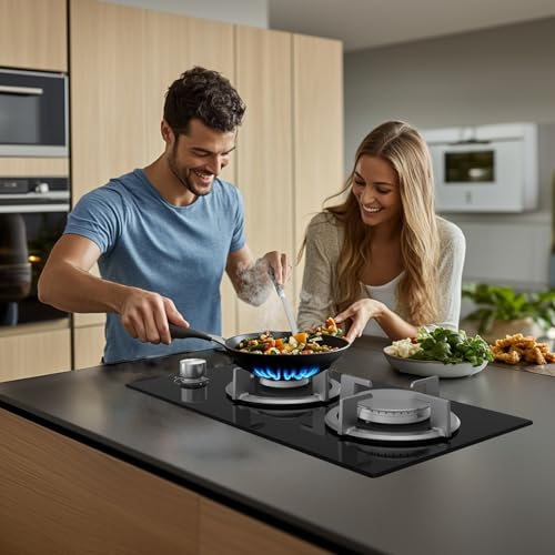Topwish Gaskochfeld 2 flammig, Gasherd 2 flammig 4750W | Glas Gaskochfeld einbau, NG/LPG konvertierbar, zündautomatik, thermoelementschutz, 30cm – Bild 3
