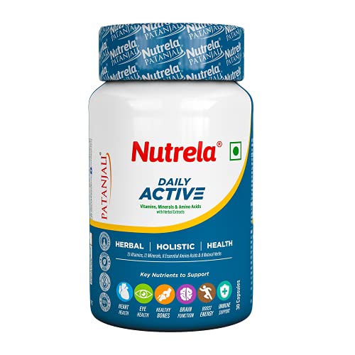 Nutrela Daily Active Multivitamin for Men & Women with essential amino acids, natural herbs , biofermented vitamins, minerals for Energy, Immunity, Brain, Eye & Heart Health – 30 Veg Capsules Nutrela Daily Active Multivitamin for Men & Women with essential amino acids, natural herbs , biofermented vitamins, minerals for Energy, Immunity, Brain, Eye & Heart Health – 30 Veg Capsules