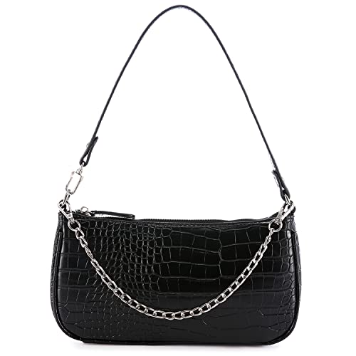 Shoulder Bags for Women, Retro Classic Tote HandBag Crocodile Pattern Clutch Mini Purse with Zipper Closure, Black