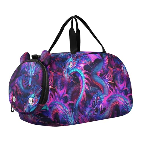 Cyberblue Purple Dragon Duffel Gym Bags with Shoes Compartment Lightweight Travel Duffel with Adjustable Strap for School Practice, Sports, Travel