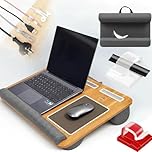 PYJI Lap Desk Wooden Laptop Tray with 5 Cable Holders, Portable Laptop Stand for Bed with Cushion, Lightweight Laptops desk for Sofa & Bed, Lap Tray with Built-in Mouse Pad, Wrist Rest & Phone Slot