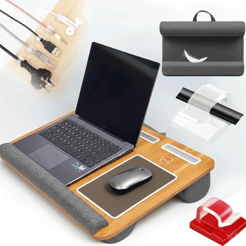 PYJI Lap Desk Wooden Laptop Tray with 5 Cable Holders Portable Laptop Stand for Bed with Cushion Lightweight Laptops desk for Sofa & Bed Lap Tray with Built-in Mouse Pad Wrist Rest & Phone Slot