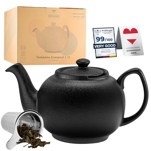 Tetera con filtro Liverpool con colador de acero inoxidable de cerámica de Urban LifeTYLE, tetera antigoteo. Cerámica con colador (negro mate 1,1 L)