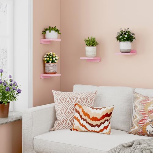 Image of Fixwal Small Floating Shelves for Wall Decor (Pink, Set of 4, 5Inch) | Rustic wood shelf for displaying mini frames, plants, collectibles. Fits bedroom, living room, bathroom, kitchen, or office.